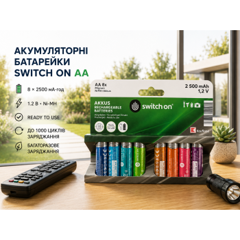 Акумуляторні батареї Switch ON Ni-MH HR6 АА 8шт 2500 mAh (R4770131820250) Акумуляторні батареї Switch ON Ni-MH HR6 АА 8шт 2500 mAh (R4770131820250)